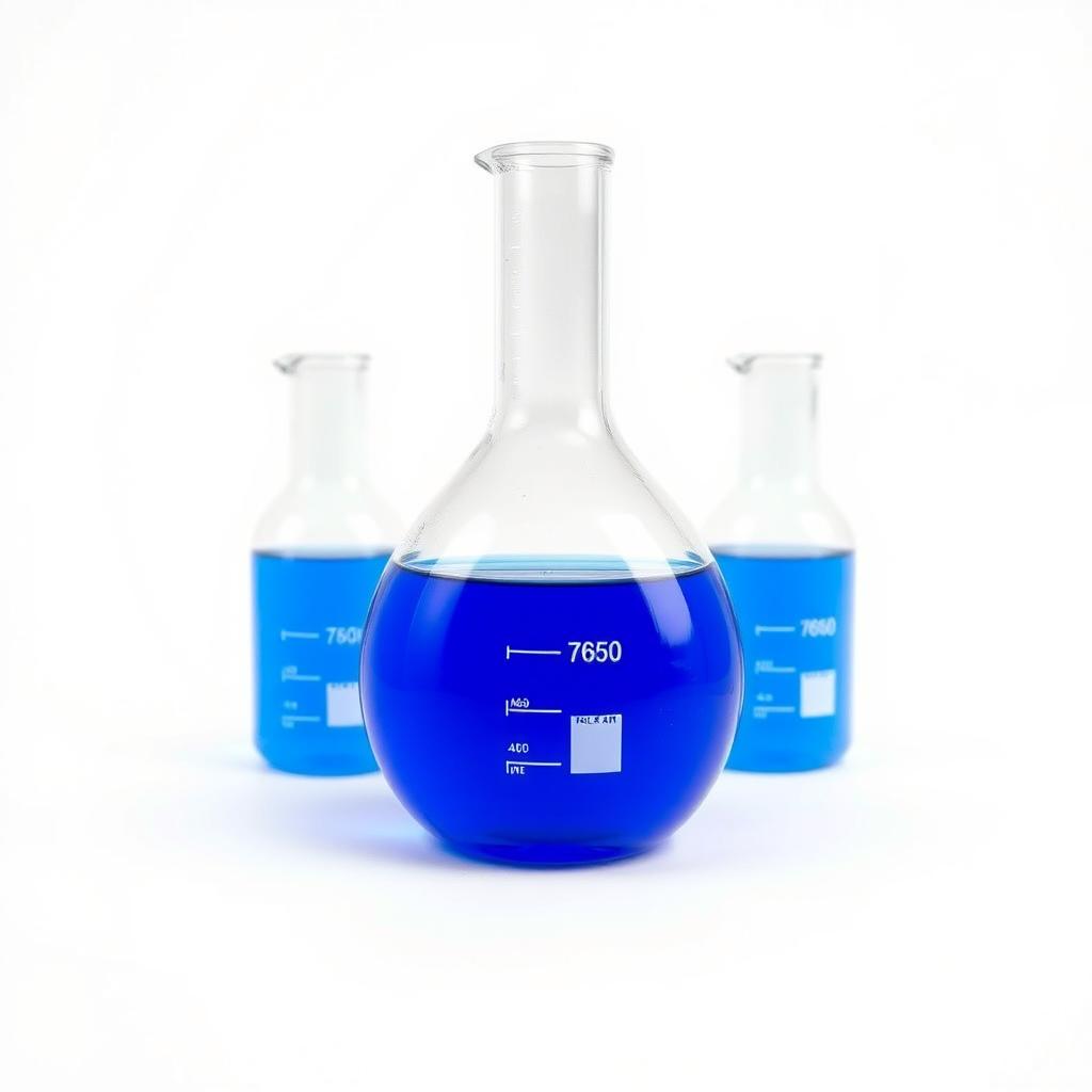 A three-neck round bottom flask filled with a vibrant blue liquid, set against a plain white background