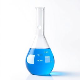 A three-neck round bottom flask filled with a vibrant blue liquid, set against a plain white background