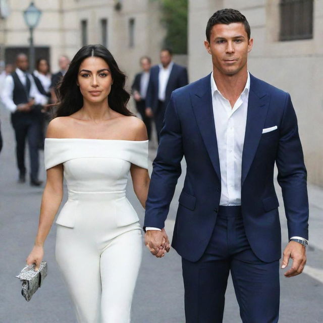 Cristiano Ronaldo (CR7) and Georgina Rodriguez walking hand-in-hand