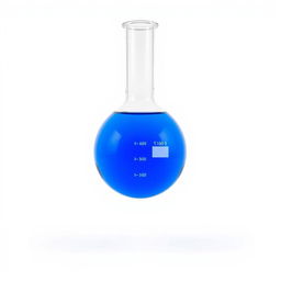 A three-neck round bottom flask filled with a vibrant blue liquid, set against a plain white background