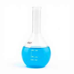 A three-neck round bottom flask filled with a vibrant blue liquid, set against a plain white background