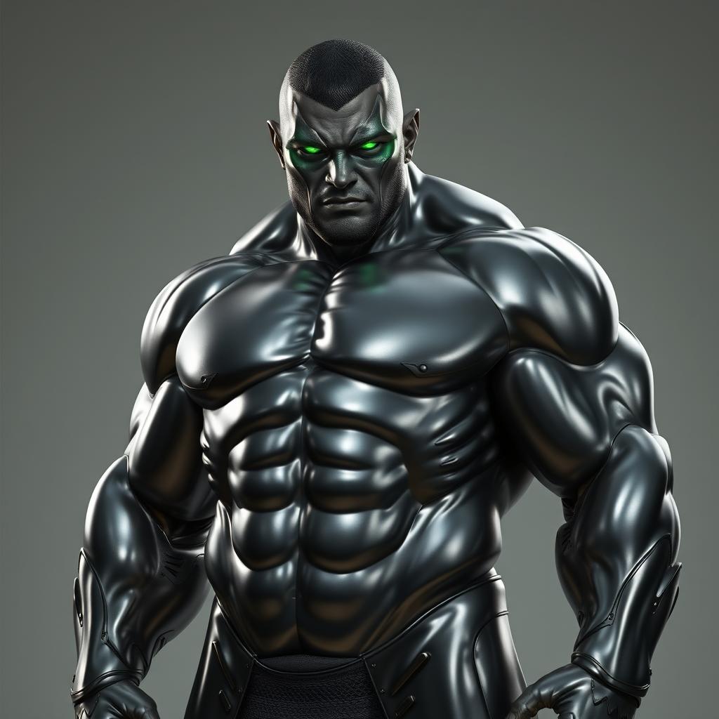 A thick set human male with a robust build, featuring sleek, metallic skin that shimmers under the light, and glowing green eyes that radiate an otherworldly energy