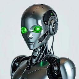 A humanoid robot characterized by its intricate design and glowing green eyes that exude a captivating glow