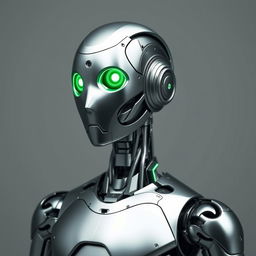 A humanoid robot characterized by its intricate design and glowing green eyes that exude a captivating glow