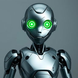 A humanoid robot characterized by its intricate design and glowing green eyes that exude a captivating glow