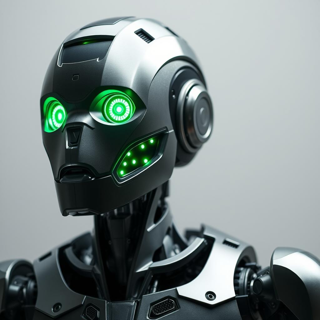 A humanoid robot characterized by its intricate design and glowing green eyes that exude a captivating glow