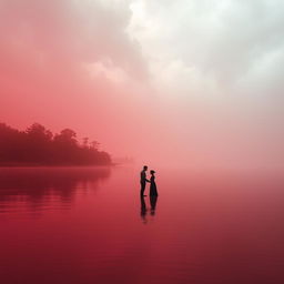 Uma imagem sombria de uma lagoa de sangue em um cenário desolado, onde uma figura está de costas, interagindo de maneira ameaçadora com outra pessoa