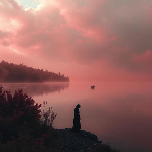 Uma imagem sombria de uma lagoa de sangue em um cenário desolado, onde uma figura está de costas, interagindo de maneira ameaçadora com outra pessoa