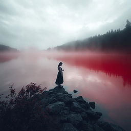 Uma imagem sombria de uma lagoa de sangue em um cenário desolado, onde uma figura está de costas, interagindo de maneira ameaçadora com outra pessoa