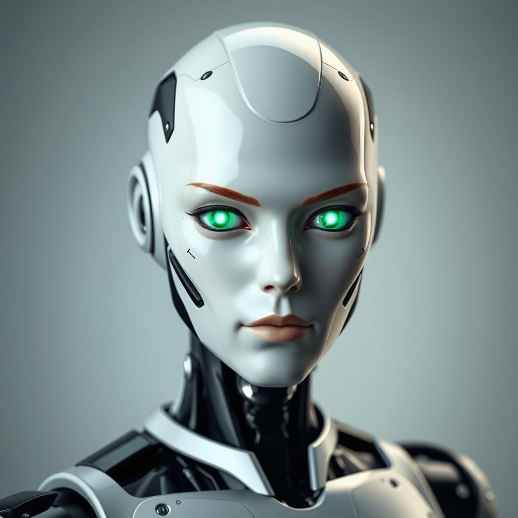 A human-looking robot with a realistic appearance, featuring glowing green eyes that exude a captivating and mystical allure