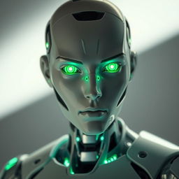 A human-looking robot with a realistic appearance, featuring glowing green eyes that exude a captivating and mystical allure