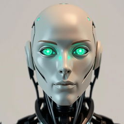 A human-looking robot with a realistic appearance, featuring glowing green eyes that exude a captivating and mystical allure