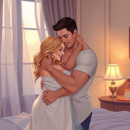 A romantic illustration capturing a married couple embracing each other intimately in a softly lit bedroom