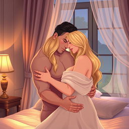 A romantic illustration capturing a married couple embracing each other intimately in a softly lit bedroom