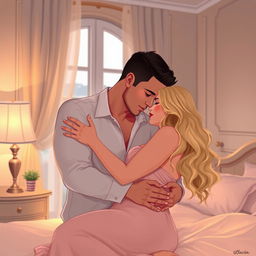 A romantic illustration capturing a married couple embracing each other intimately in a softly lit bedroom