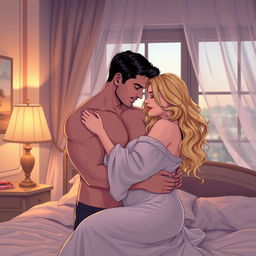 A romantic illustration capturing a married couple embracing each other intimately in a softly lit bedroom