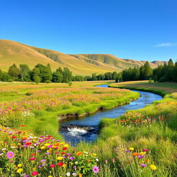 A picturesque scene of a beautiful, serene natural landscape with a gentle river flowing through a meadow of vivid wildflowers, surrounded by lush, green trees and softly rolling hills under a clear blue sky, capturing a sense of tranquility and harmony with nature