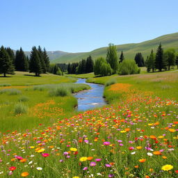 A picturesque scene of a beautiful, serene natural landscape with a gentle river flowing through a meadow of vivid wildflowers, surrounded by lush, green trees and softly rolling hills under a clear blue sky, capturing a sense of tranquility and harmony with nature