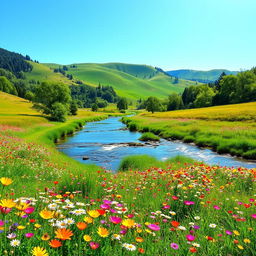 A picturesque scene of a beautiful, serene natural landscape with a gentle river flowing through a meadow of vivid wildflowers, surrounded by lush, green trees and softly rolling hills under a clear blue sky, capturing a sense of tranquility and harmony with nature