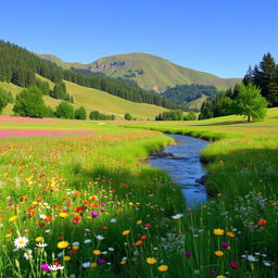 A picturesque scene of a beautiful, serene natural landscape with a gentle river flowing through a meadow of vivid wildflowers, surrounded by lush, green trees and softly rolling hills under a clear blue sky, capturing a sense of tranquility and harmony with nature