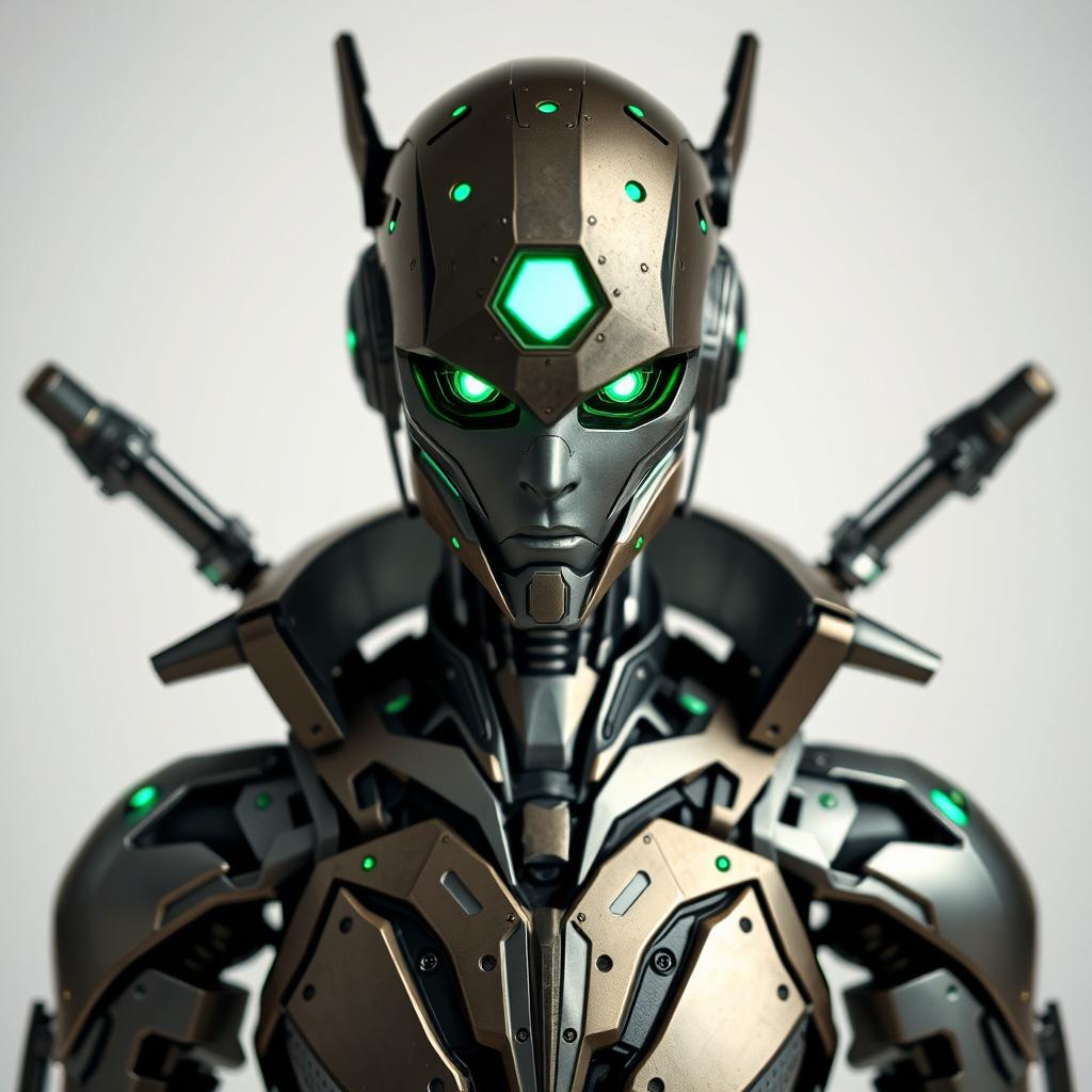 A human-looking warforged with a sophisticated design, featuring glowing green eyes that emit a mysterious and captivating aura