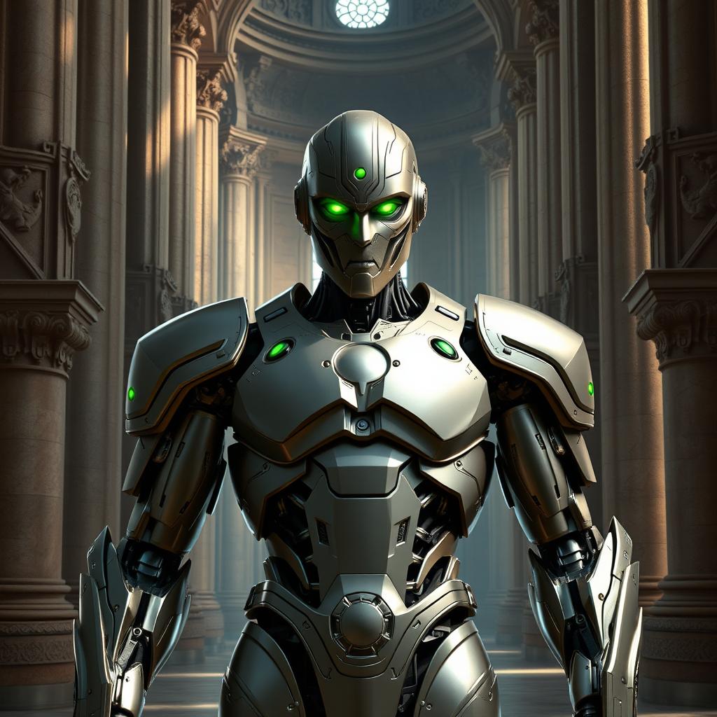 A human-looking warforged with a sophisticated design, featuring glowing green eyes that emit a mysterious and captivating aura