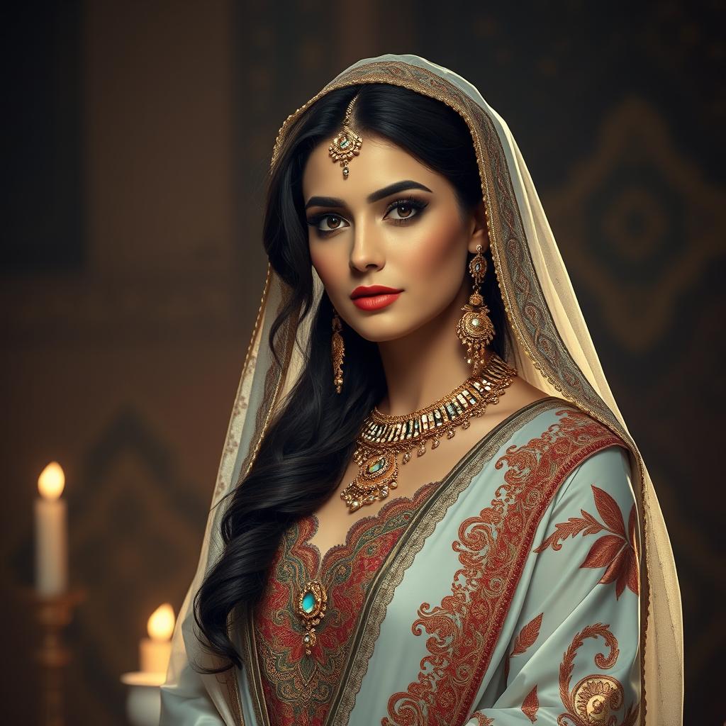 elegant and tasteful depiction of an Arab woman, capturing her grace and beauty, adorned in luxurious traditional attire that highlights intricate embroidery and cultural richness, against an atmospheric background symbolic of Middle Eastern heritage