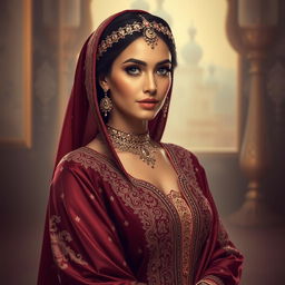 elegant and tasteful depiction of an Arab woman, capturing her grace and beauty, adorned in luxurious traditional attire that highlights intricate embroidery and cultural richness, against an atmospheric background symbolic of Middle Eastern heritage