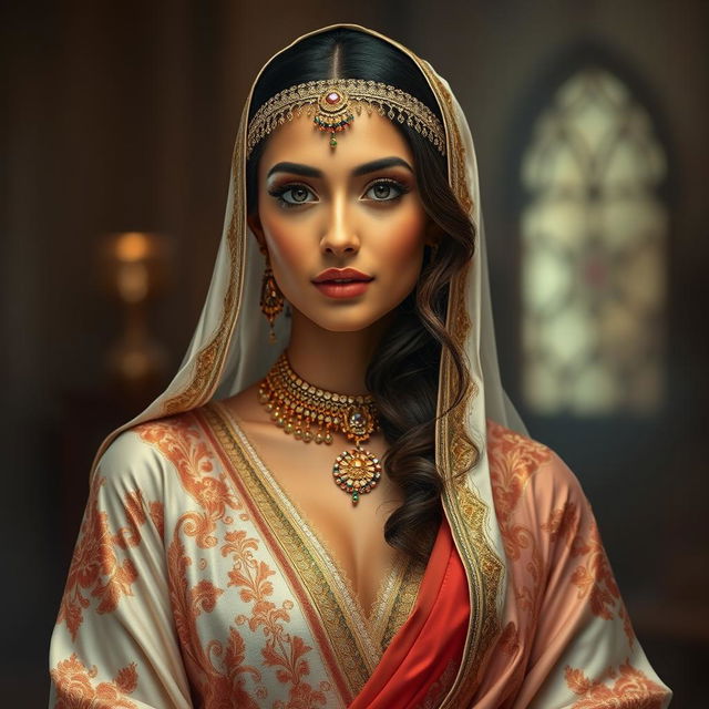 elegant and tasteful depiction of an Arab woman, capturing her grace and beauty, adorned in luxurious traditional attire that highlights intricate embroidery and cultural richness, against an atmospheric background symbolic of Middle Eastern heritage