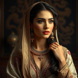 elegant and tasteful depiction of an Arab woman, capturing her grace and beauty, adorned in luxurious traditional attire that highlights intricate embroidery and cultural richness, against an atmospheric background symbolic of Middle Eastern heritage