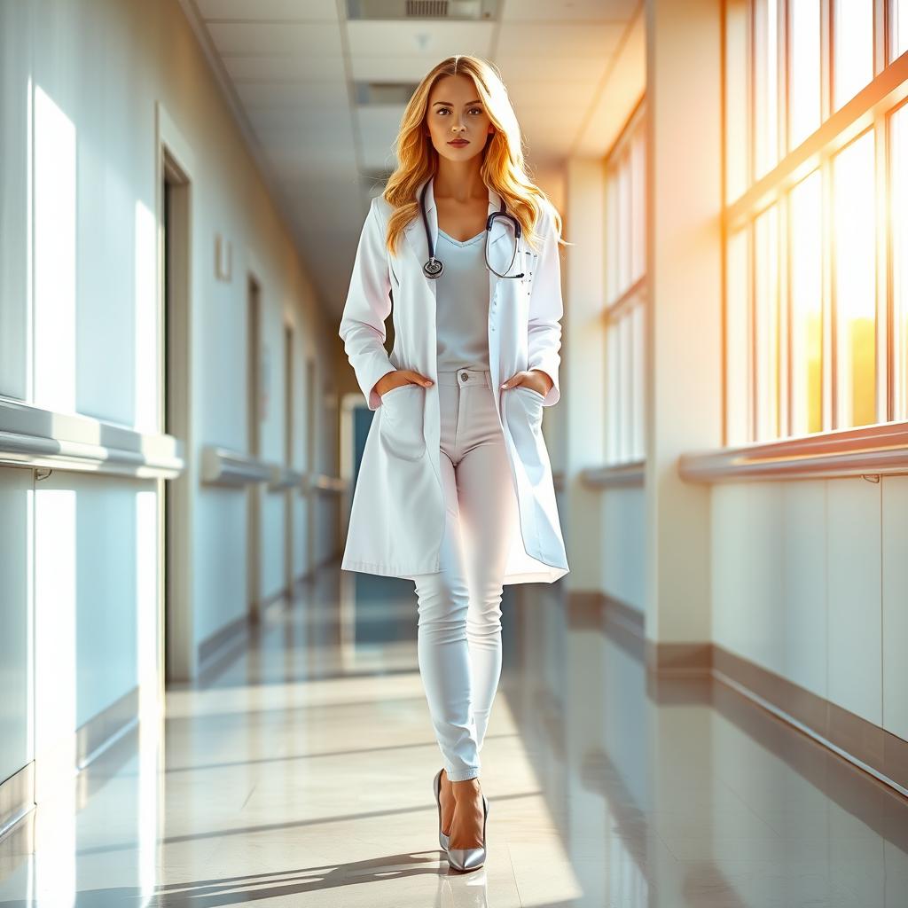 A stunning blonde woman aged 20, with a slim figure and distinctive 95E bust wearing a doctor's coat, stethoscope around her neck, complemented by white skinny jeans and sleek high heels