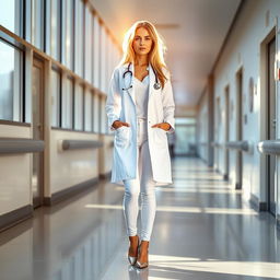 A stunning blonde woman aged 20, with a slim figure and distinctive 95E bust wearing a doctor's coat, stethoscope around her neck, complemented by white skinny jeans and sleek high heels