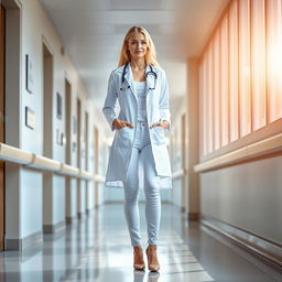 A stunning blonde woman aged 20, with a slim figure and distinctive 95E bust wearing a doctor's coat, stethoscope around her neck, complemented by white skinny jeans and sleek high heels