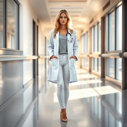 A stunning blonde woman aged 20, with a slim figure and distinctive 95E bust wearing a doctor's coat, stethoscope around her neck, complemented by white skinny jeans and sleek high heels