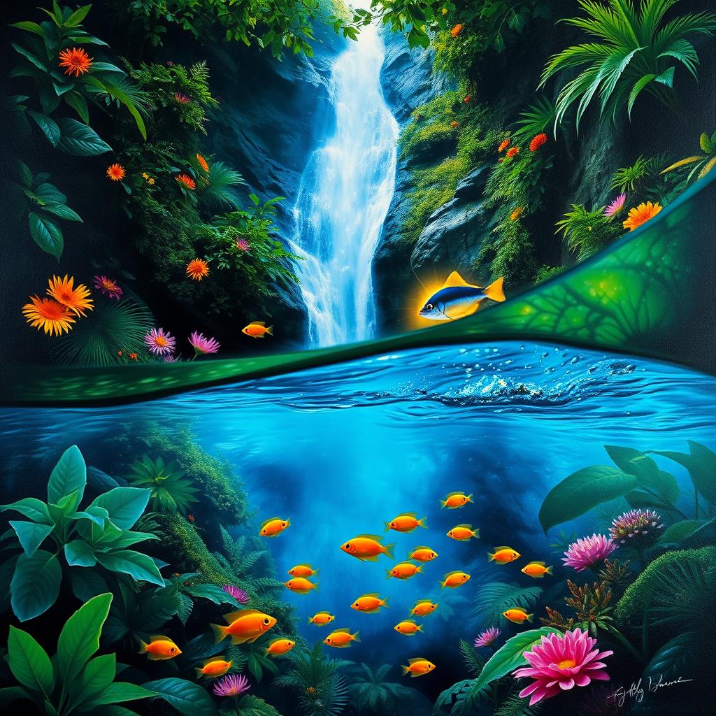 A polished, oil-based painting showcasing a full macro view of dark lush green trees and colorful flowers within an immersive jungle scenery