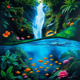 A polished, oil-based painting showcasing a full macro view of dark lush green trees and colorful flowers within an immersive jungle scenery