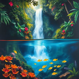 A polished, oil-based painting showcasing a full macro view of dark lush green trees and colorful flowers within an immersive jungle scenery