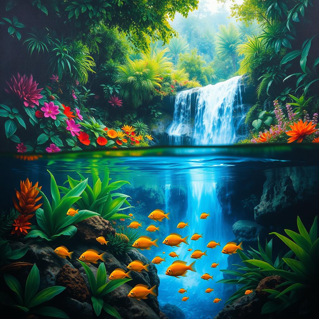 A polished, oil-based painting showcasing a full macro view of dark lush green trees and colorful flowers within an immersive jungle scenery