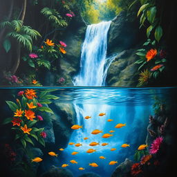 A polished, oil-based painting showcasing a full macro view of dark lush green trees and colorful flowers within an immersive jungle scenery