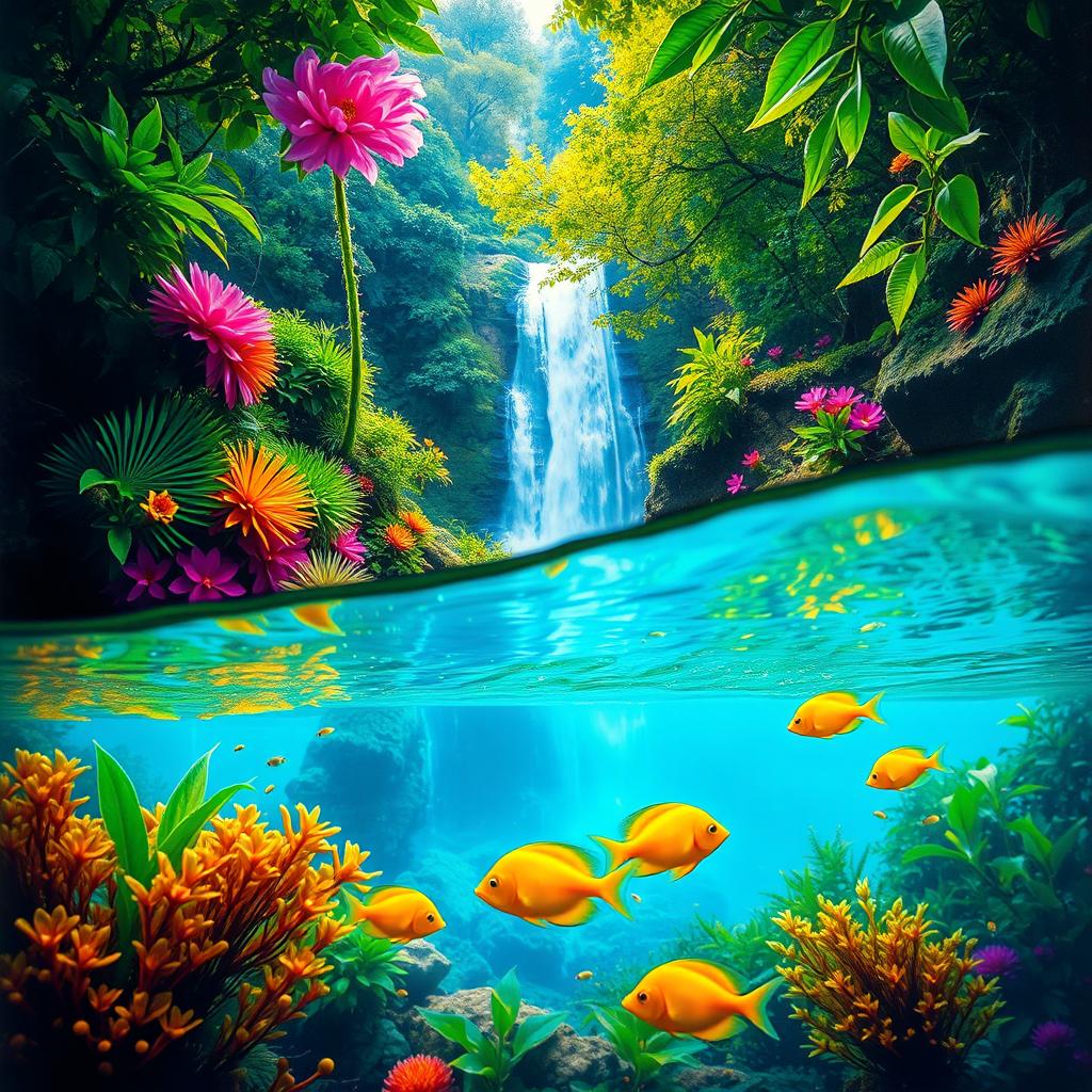 A polished, oil-based painting depicting a full macro view of bright green lush trees and vivid colorful flowers within an immersive jungle scenery