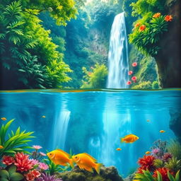 A polished, oil-based painting depicting a full macro view of bright green lush trees and vivid colorful flowers within an immersive jungle scenery