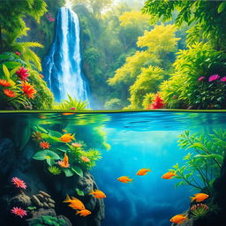 A polished, oil-based painting depicting a full macro view of bright green lush trees and vivid colorful flowers within an immersive jungle scenery