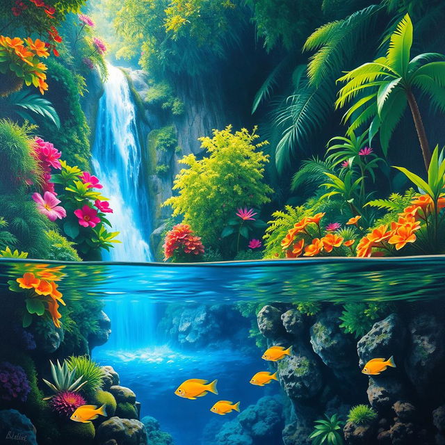 A polished, oil-based painting depicting a full macro view of bright green lush trees and vivid colorful flowers within an immersive jungle scenery