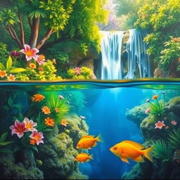 A polished, oil-based painting depicting a full macro view of bright green lush trees and vibrant, colorful flowers within an immersive jungle fantasy setting