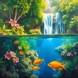 A polished, oil-based painting depicting a full macro view of bright green lush trees and vibrant, colorful flowers within an immersive jungle fantasy setting