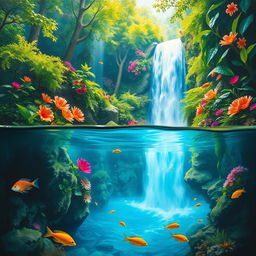 A polished, oil-based painting depicting a full macro view of bright green lush trees and vibrant, colorful flowers within an immersive jungle fantasy setting