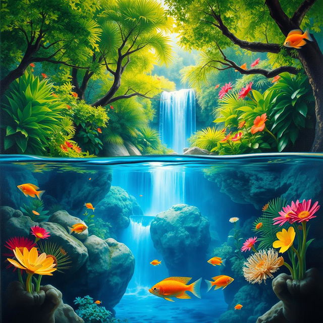 A polished, oil-based painting depicting a full macro view of bright green lush trees and vibrant, colorful flowers within an immersive jungle fantasy setting