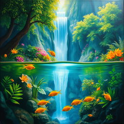 A polished, oil-based painting depicting a full macro view of bright green lush trees and vibrant, colorful flowers within an immersive jungle fantasy setting