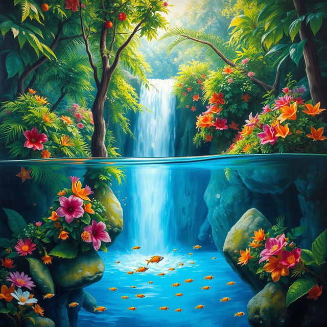 A polished, wet oil-based painting depicting a full macro view of bright green hue lush trees intertwined with vibrant, colorful flowers, set within an immersive jungle fantasy