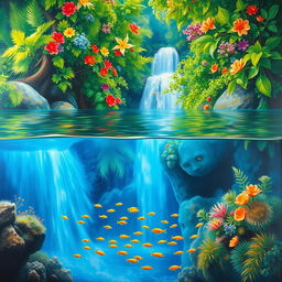 A polished, wet oil-based painting depicting a full macro view of bright green hue lush trees intertwined with vibrant, colorful flowers, set within an immersive jungle fantasy